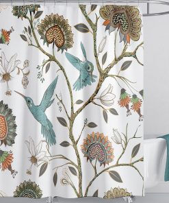 White Birds Floral Shower Curtain 180×180cm with 12 Hooks Mould Proof Floral Shower Curtain Fabric Bathroom Curtain Washable Quick-Drying